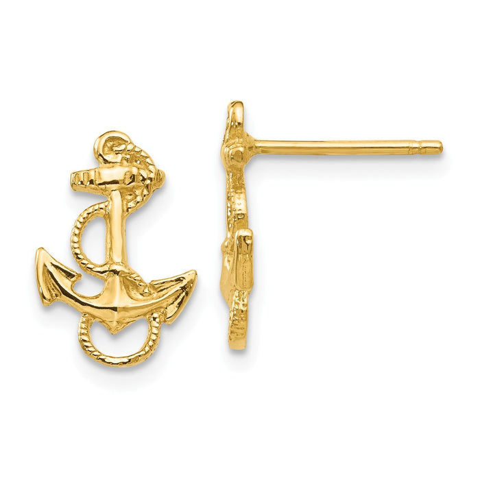 Million Charms 14k Yellow Gold Anchor with Rope Trim Post Earrings, 12mm x 9mm