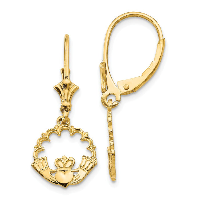 Million Charms 14k Yellow Gold Claddagh in Circle Leverback Earrings, 30mm x 11mm