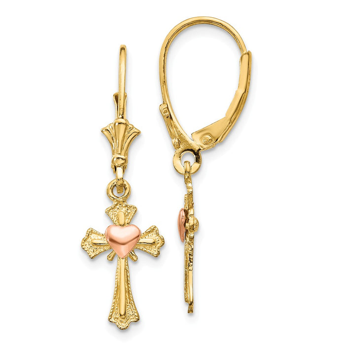 Million Charms 14K Two-tone Heart on Cross Leverback Earrings, 32mm x 9mm