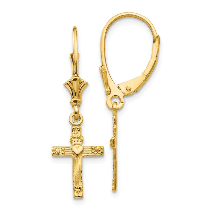 Million Charms 14k Yellow Gold Mini Cross with Heart Leverback Earrings, 31mm x 9mm