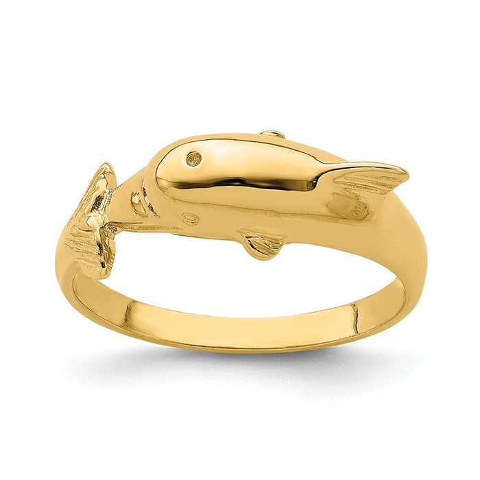 14k Yellow Gold Dolphin Ring with Nose at Center of Tail Ring, Size: 6.5