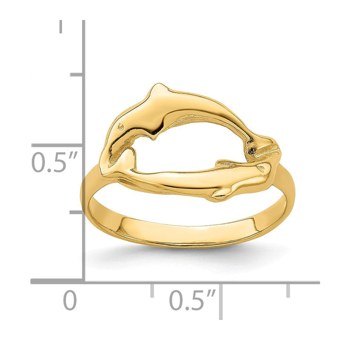 14k Yellow Gold Double Dolphin Circle Ring, Size: 7