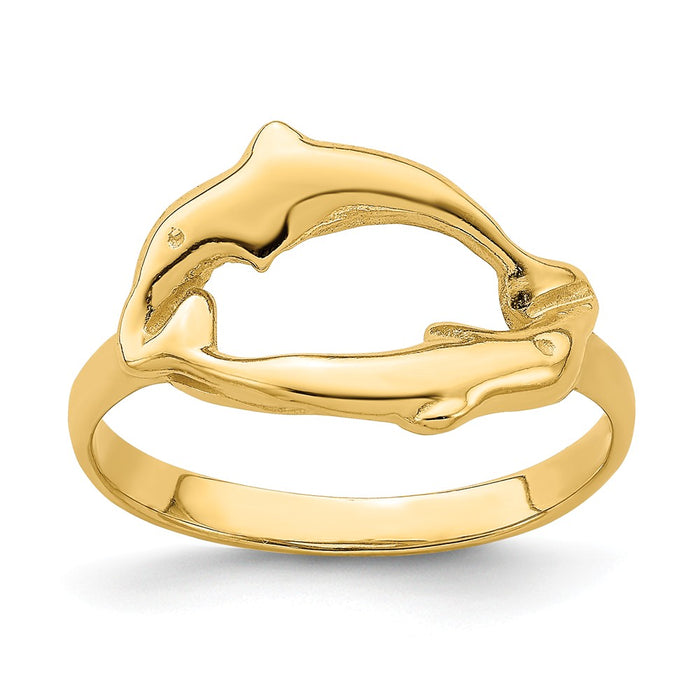 14k Yellow Gold Double Dolphin Circle Ring, Size: 7