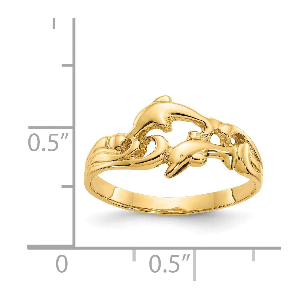 Anillo de dos delfines con olas en oro amarillo de 14 quilates, talla: 6.5