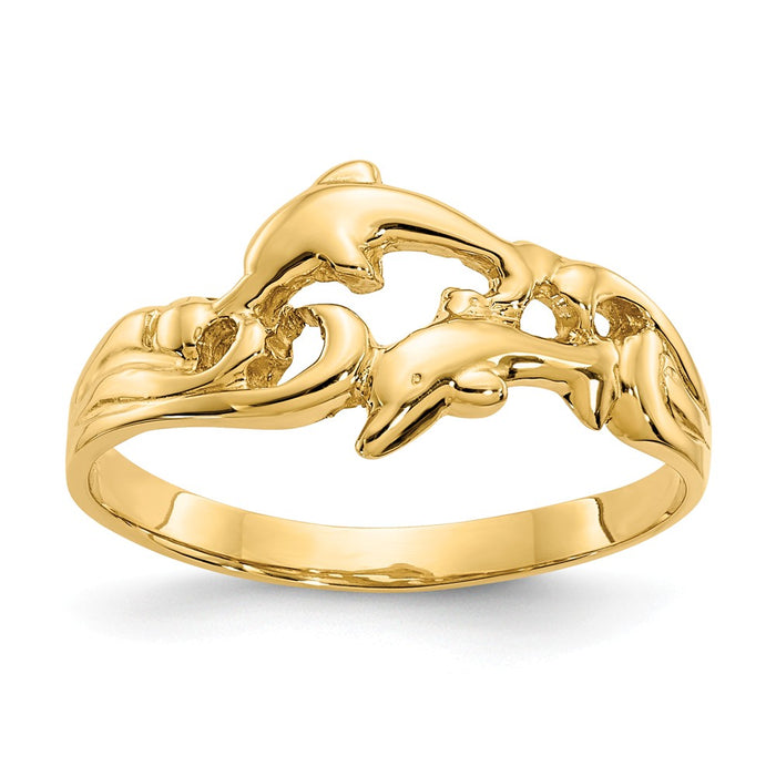 14k Yellow Gold Double Dolphins with Waves Ring, Size: 6.5