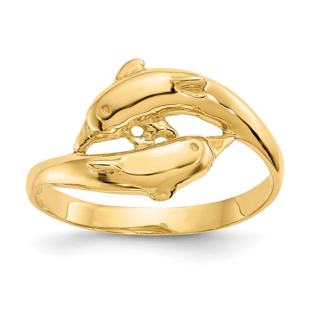 Anillo de dos delfines en oro amarillo de 14k, talla: 6.5