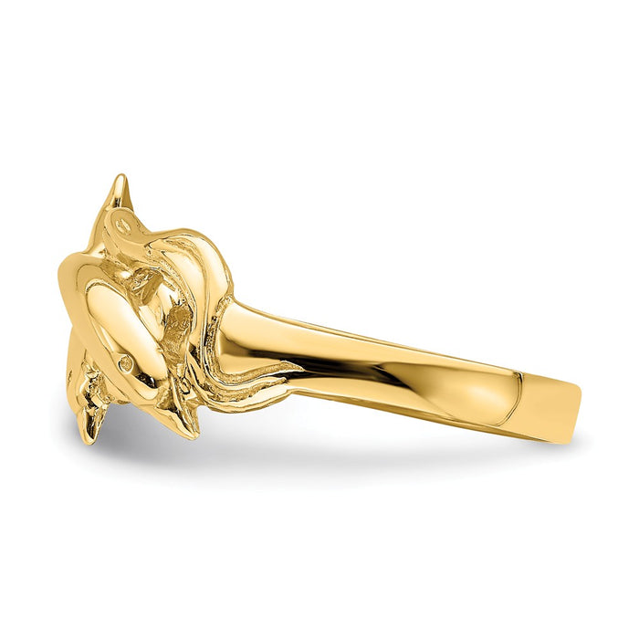 14k Yellow Gold Double Dolphins Jumping in Waves Ring, Size: 6.5