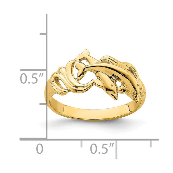 14k Yellow Gold Double Dolphins Jumping in Waves Ring, Size: 6.5