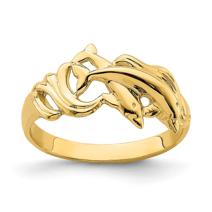 14k Yellow Gold Double Dolphins Jumping in Waves Ring, Size: 6.5