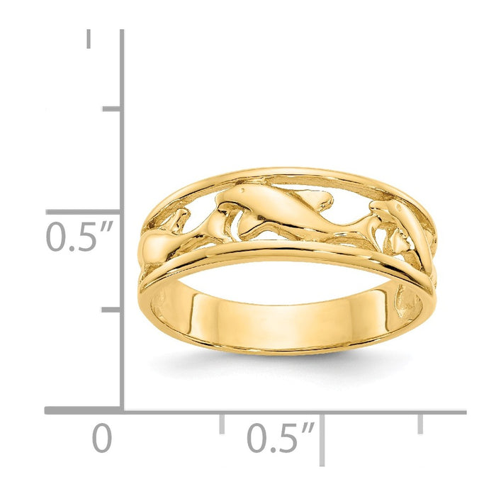 14k Yellow Gold Triple Dolphin Wedding Band Ring, Size: 6.5