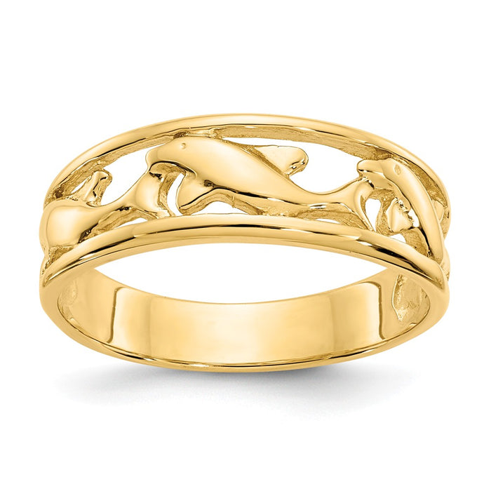 14k Yellow Gold Triple Dolphin Wedding Band Ring, Size: 6.5