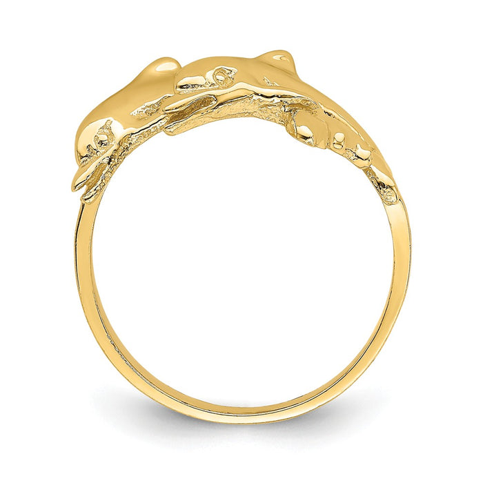 14k Yellow Gold Double Dolphins Swimming Ring, Size: 7