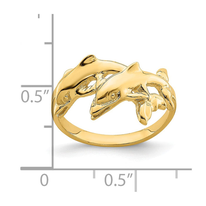 14k Yellow Gold Double Dolphins Swimming Ring, Size: 7