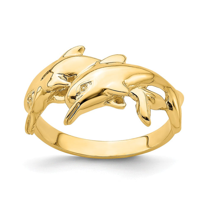 14k Yellow Gold Polished Double Dolphin Ring, Size: 7
