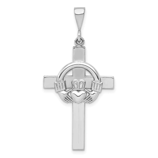 Million Charms 14K White Gold Themed Claddagh Relgious Cross Pendant