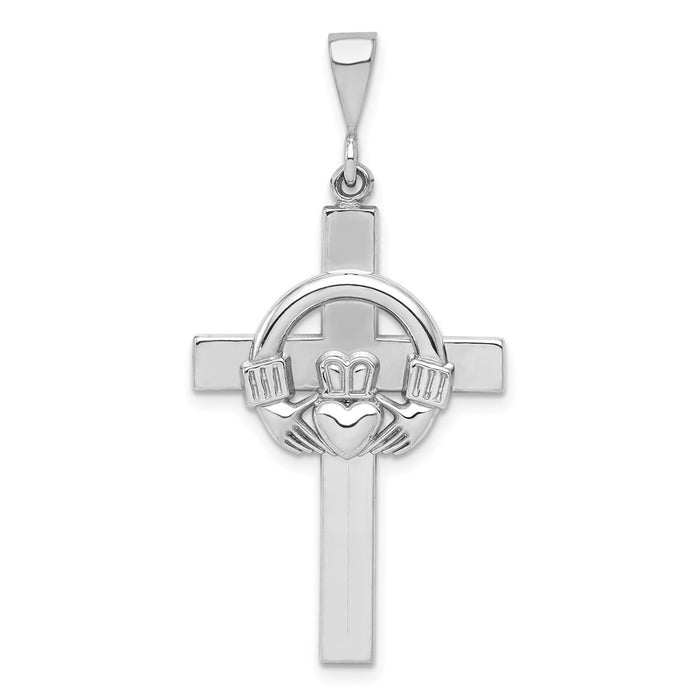 Million Charms 14K White Gold Themed Claddagh Relgious Cross Pendant