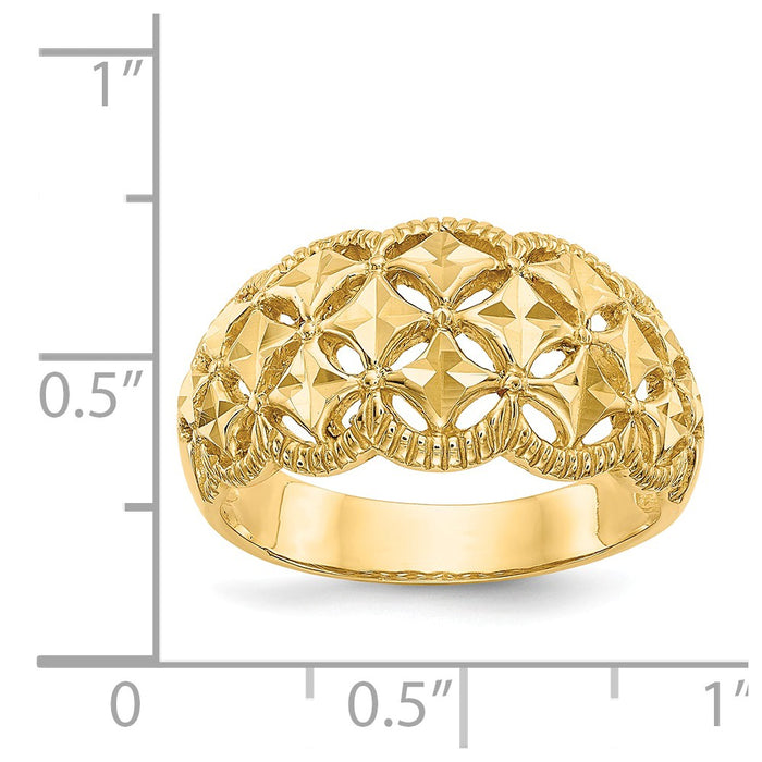 14k Yellow Gold Diamond-cut Scalloped Edge Pattern Dome Ring, Size: 7
