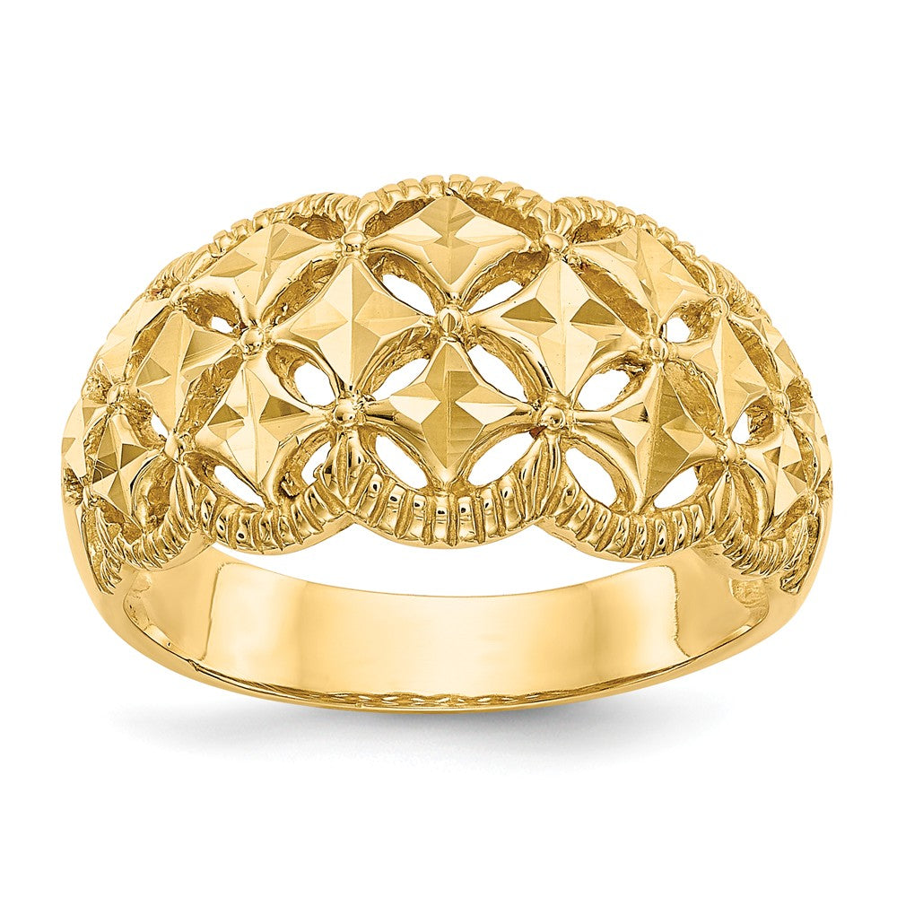 14k Yellow Gold Diamond-cut Scalloped Edge Pattern Dome Ring, Size: 7