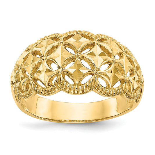 14k Yellow Gold Diamond-cut Scalloped Edge Pattern Dome Ring, Size: 7
