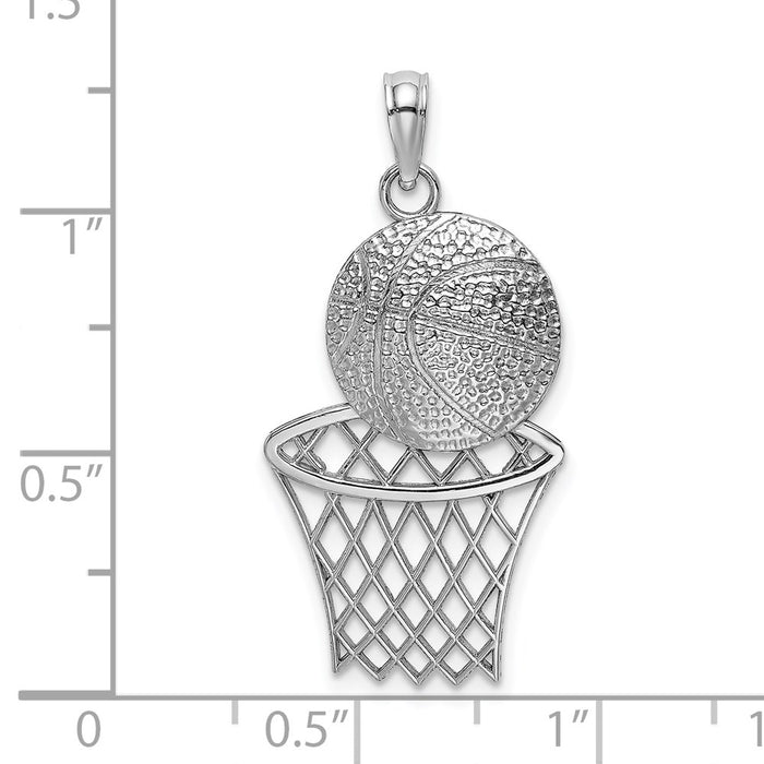 Million Charms 14K White Gold Themed Diamond-Cut Sports Basketball & Net Charm