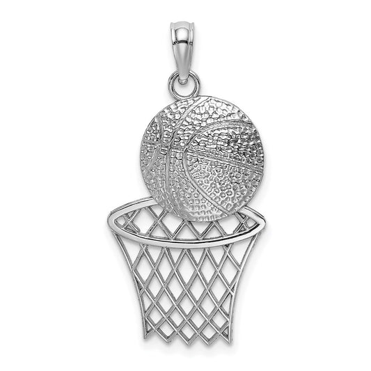 Million Charms 14K White Gold Themed Diamond-Cut Sports Basketball & Net Charm