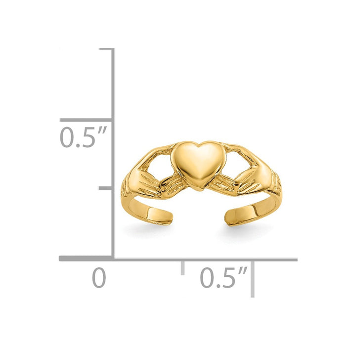 14k Yellow Gold Polished Claddagh Toe Ring, Size: 2