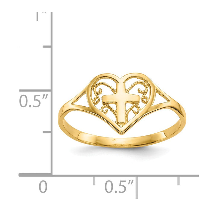 14k Yellow Gold Polished Heart with Cross Ring, Size: 6.75