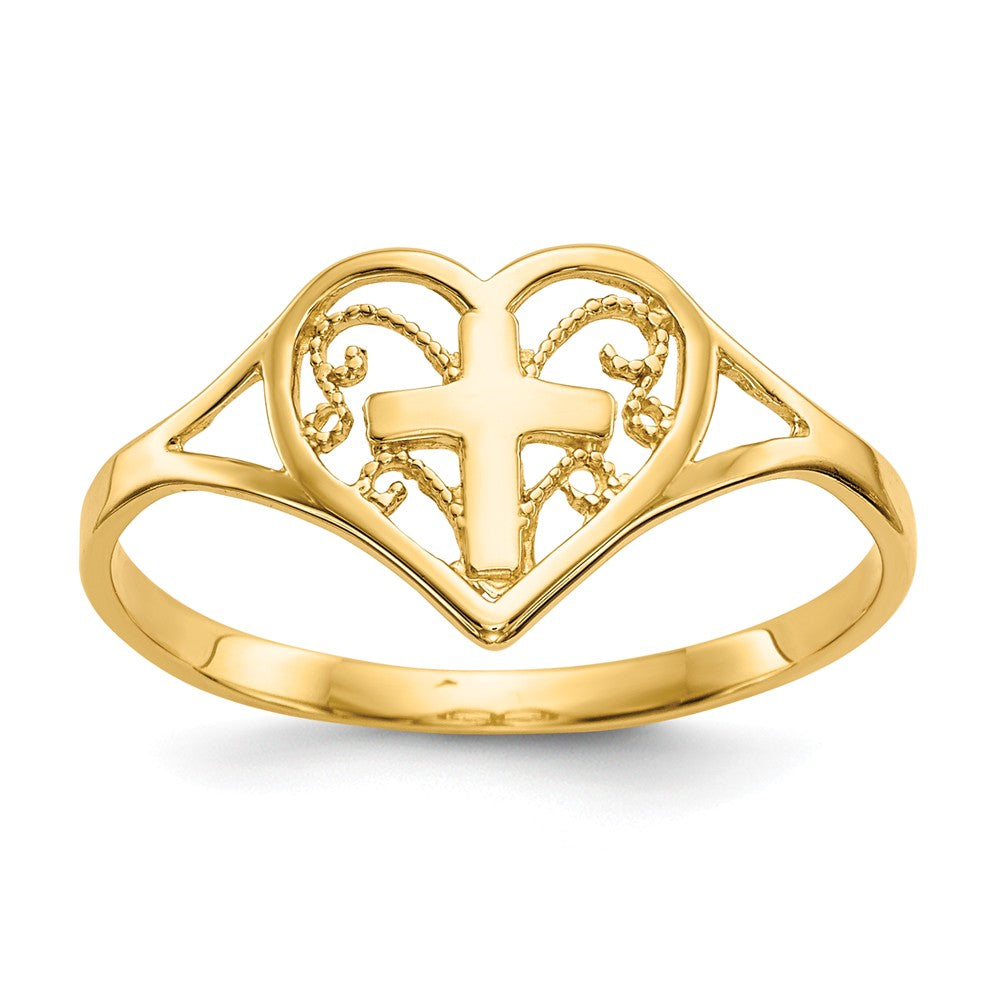 14k Yellow Gold Polished Heart with Cross Ring, Size: 6.75