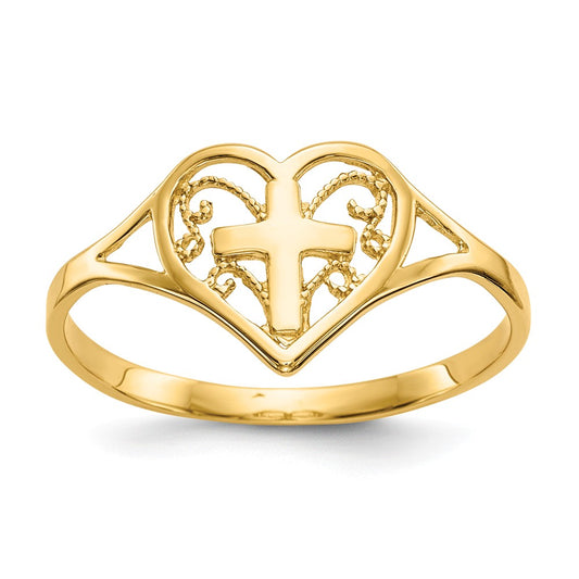 14k Yellow Gold Polished Heart with Cross Ring, Size: 6.75