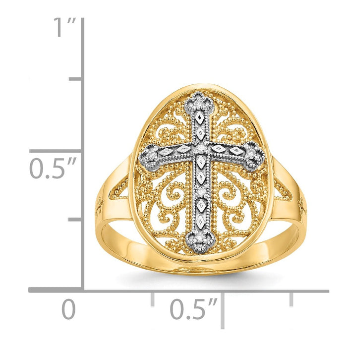 14k Yellow & White Gold Diamond Filigree Cross Ring, Size: 7.5