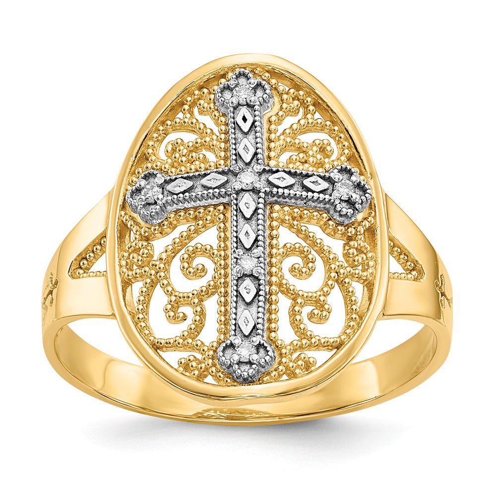 14k Yellow & White Gold Diamond Filigree Cross Ring, Size: 7.5