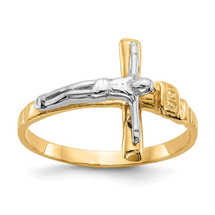 14k Two-Tone Gold Polished INRI Crucifix Ring, Size: 6.75