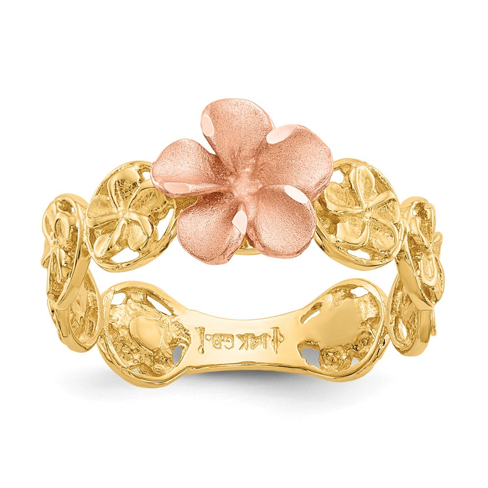 14k Yellow & Rose Gold Diamond-cut Plumeria Flower Ring, Size: 7
