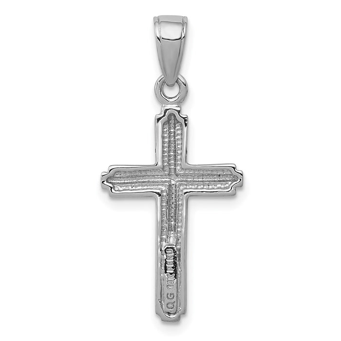 Million Charms 14K White Gold Themed Polished Relgious Cross With Stripped Border Pendant