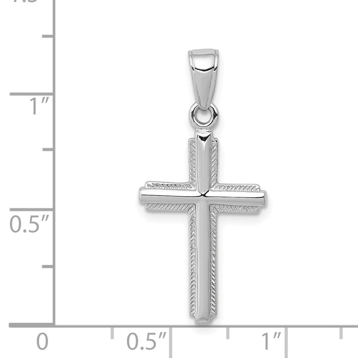 Million Charms 14K White Gold Themed Polished Relgious Cross With Stripped Border Pendant