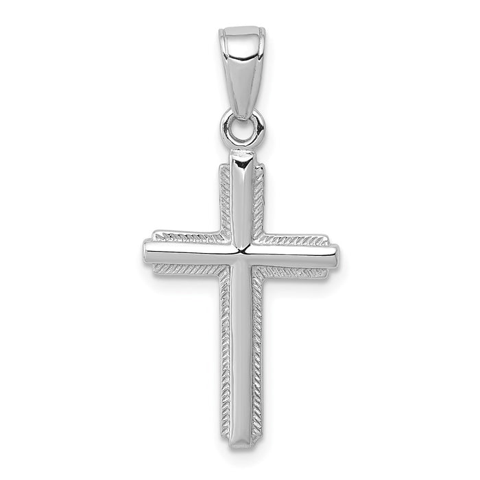 Million Charms 14K White Gold Themed Polished Relgious Cross With Stripped Border Pendant