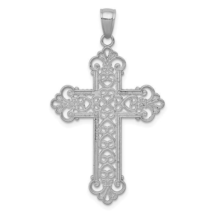 Million Charms 14K White Gold Themed Polished Large Rope Frame Filigree Relgious Cross Pendant