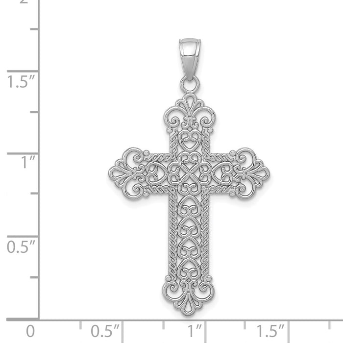 Million Charms 14K White Gold Themed Polished Large Rope Frame Filigree Relgious Cross Pendant