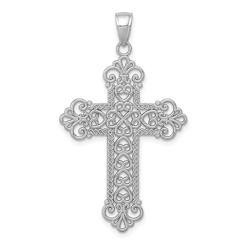 Million Charms 14K White Gold Themed Polished Large Rope Frame Filigree Relgious Cross Pendant