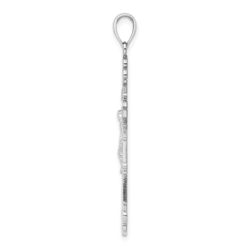 Million Charms 14K White Gold Themed Polished Textured Inri Relgious Crucifix Fleur De Lis Pendant