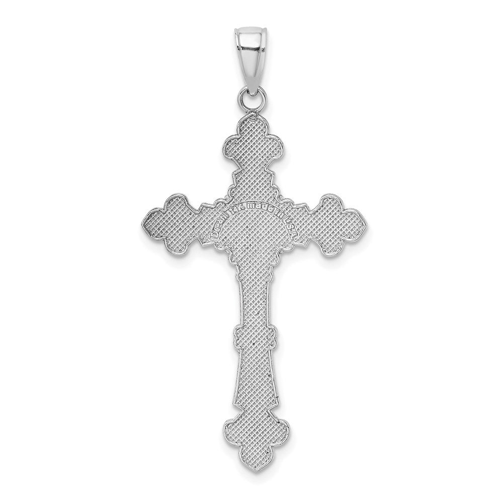 Million Charms 14K White Gold Themed Polished Textured Inri Relgious Crucifix Fleur De Lis Pendant
