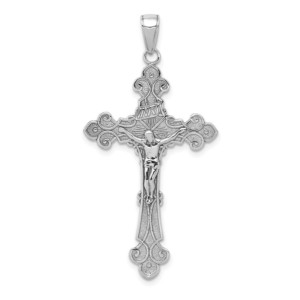 Million Charms 14K White Gold Themed Polished Textured Inri Relgious Crucifix Fleur De Lis Pendant