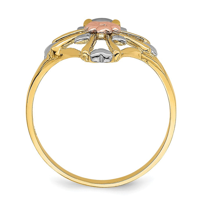 14K Yellow & Rose Gold with Rhodium Polished Cross with Flower Ring, Size: 7