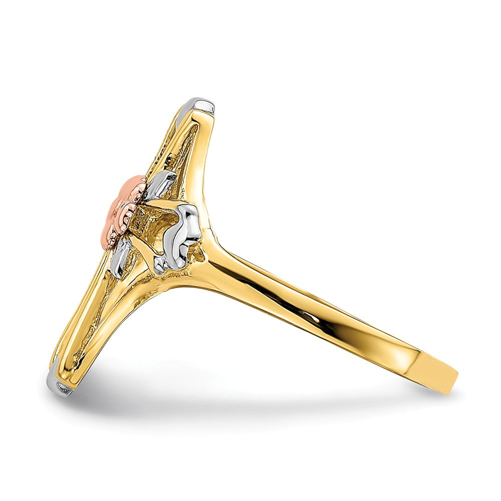 14K Yellow & Rose Gold with Rhodium Polished Cross with Flower Ring, Size: 7