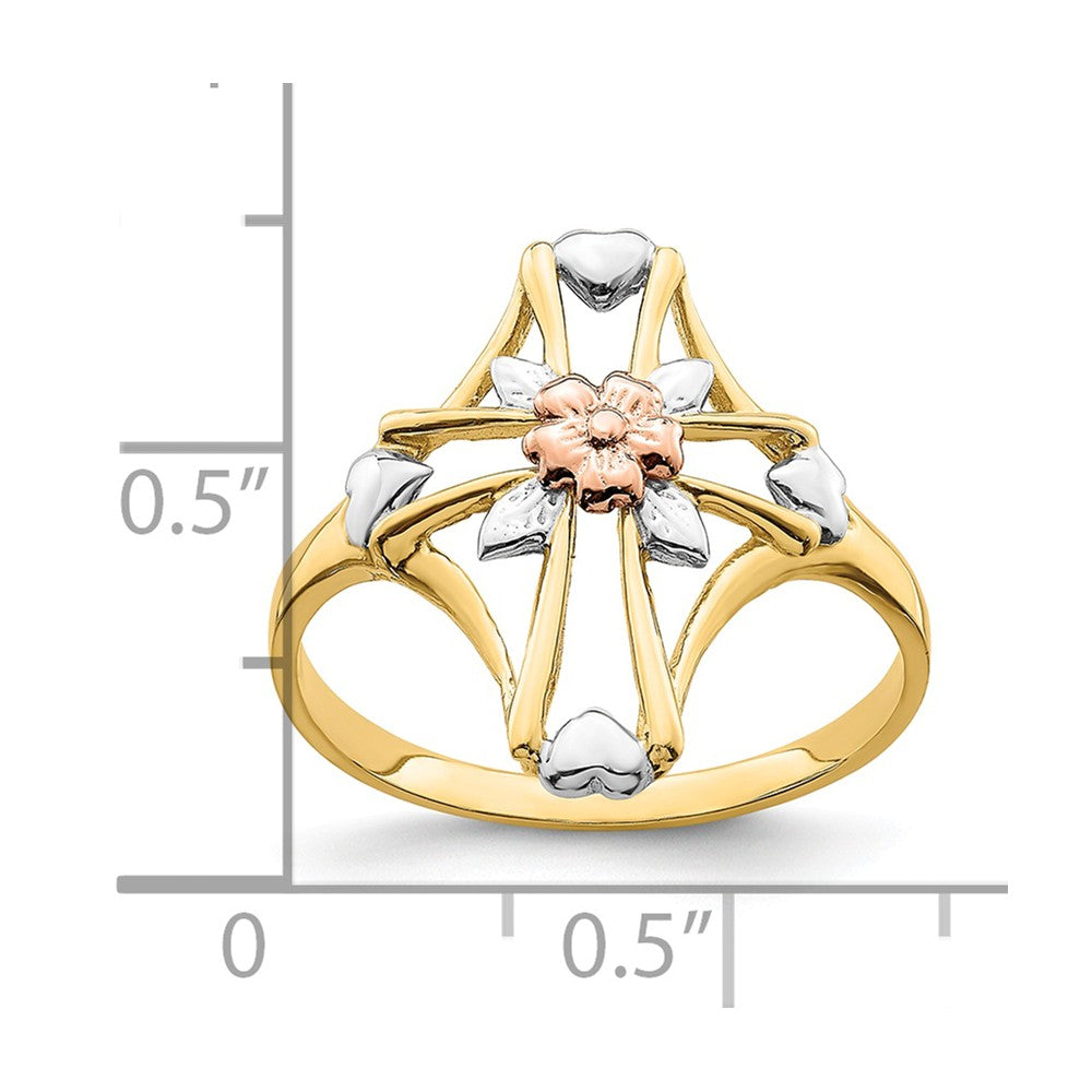 14K Yellow & Rose Gold with Rhodium Polished Cross with Flower Ring, Size: 7