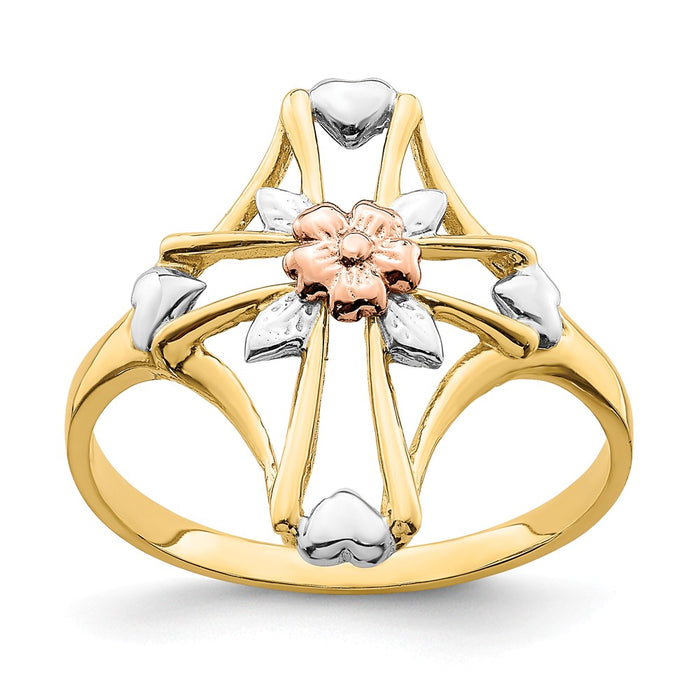 14K Yellow & Rose Gold with Rhodium Polished Cross with Flower Ring, Size: 7
