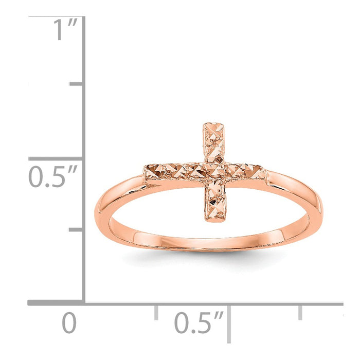 14k Rose Gold Polished & Diamond-cut Cross Ring, Size: 7