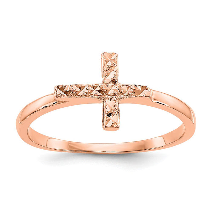 14k Rose Gold Polished & Diamond-cut Cross Ring, Size: 7