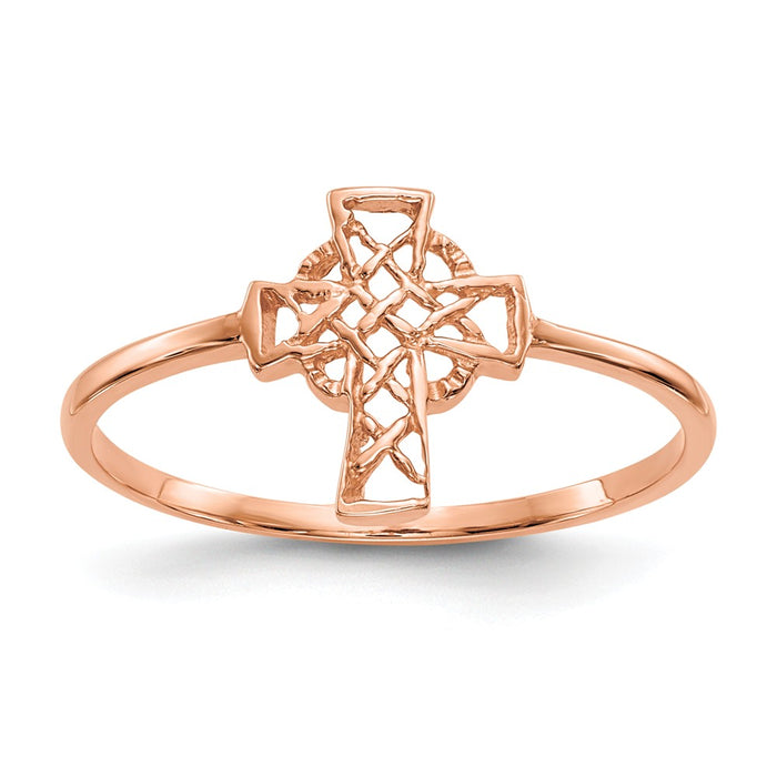 14k Rose Gold Polished Celtic Cross Ring, Size: 7