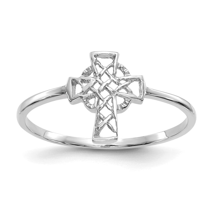 14k White Gold Polished Celtic Cross Ring, Size: 7